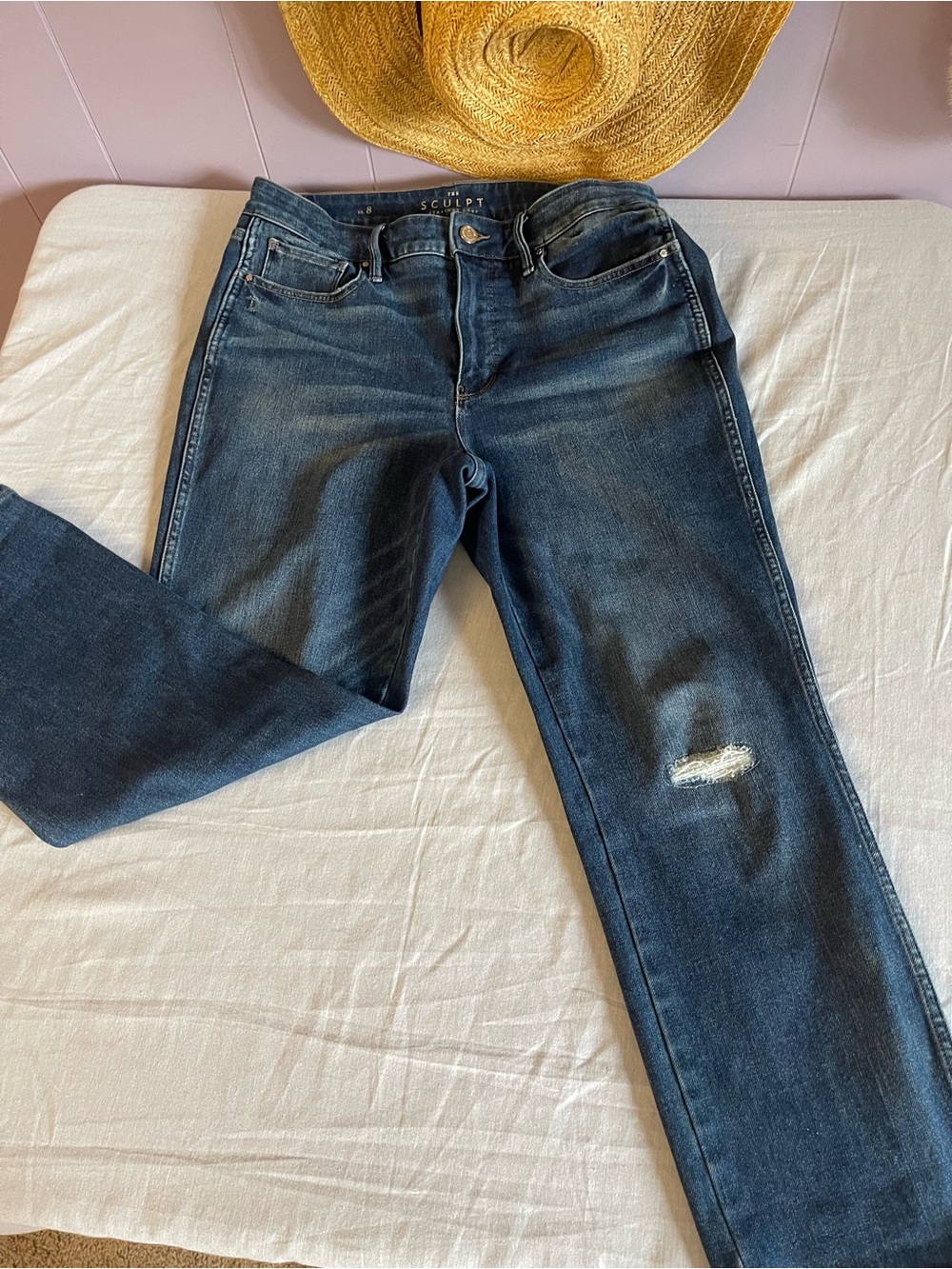Dark Blue Straight-Leg Women's Jeans with Knee Distress